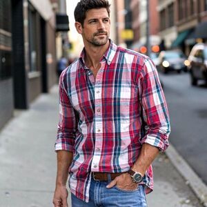 Vtg Gant Mens M Button Up Shirt Red Plaid Cotton Preppy Classic Western Casual